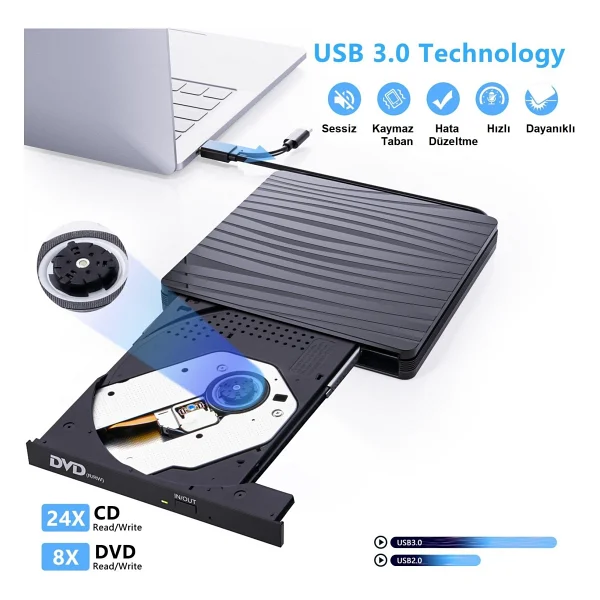 Upway DVD Rw USB 3.0 Type-C Slim Harici CD DVD Yazıcı Okuyucu MacBook iMac Wındows11 - Görsel 3