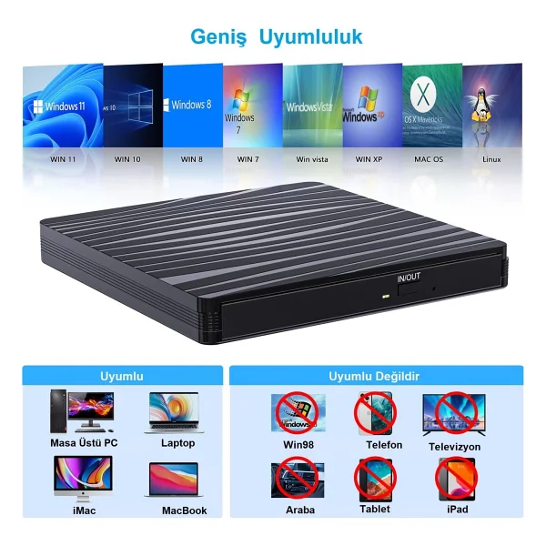 Upway DVD Rw USB 3.0 Type-C Slim Harici CD DVD Yazıcı Okuyucu MacBook iMac Wındows11 - Görsel 4