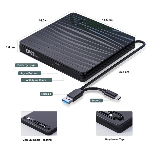 Upway DVD Rw USB 3.0 Type-C Slim Harici CD DVD Yazıcı Okuyucu MacBook iMac Wındows11 - Görsel 5