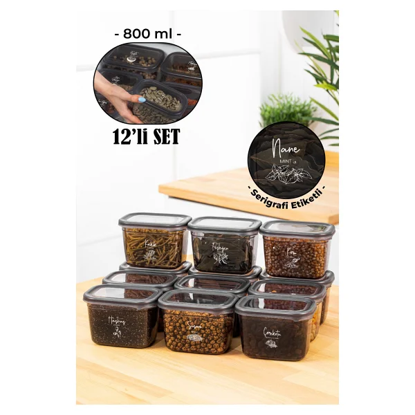 Vienev Beyaz Serigrafi Etiketli 12li Peggy Dikdörtgen Baharatlık Seti 800 Ml Antrasit - Görsel 6