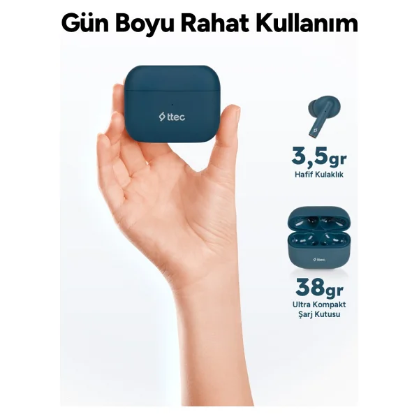 Ttec Airbeat Tone 2KM144KM TWS Mavi Kulak İçi Bluetooth Kulaklık - Görsel 4