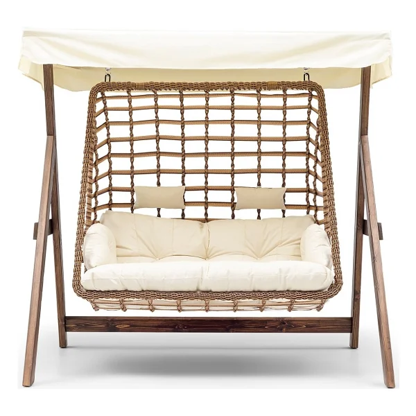 Hier Girne Swing Ahşap Rattan Salıncak Dış Mekan Bahçe Balkon Ve Teras Salıncağı Krem - Görsel 2