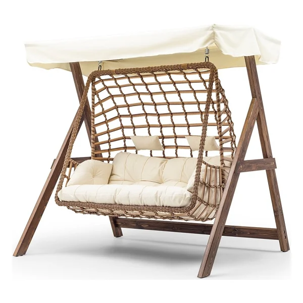 Hier Girne Swing Ahşap Rattan Salıncak Dış Mekan Bahçe Balkon Ve Teras Salıncağı Krem - Görsel 3