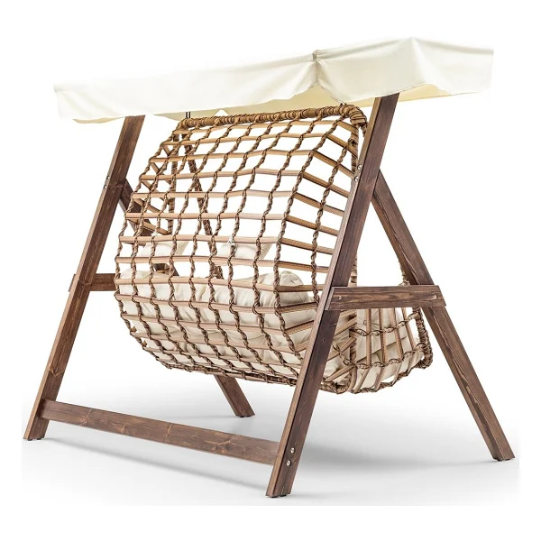Hier Girne Swing Ahşap Rattan Salıncak Dış Mekan Bahçe Balkon Ve Teras Salıncağı Krem - Görsel 4