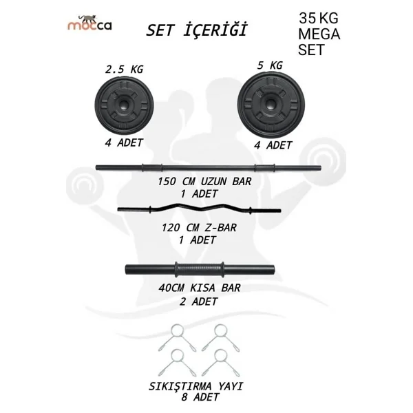 Moccastyle 38 kg Z-Barlı Megaset Halter Seti ve Dambıl Seti Ağırlık Fitness Seti - Siyah - Görsel 2