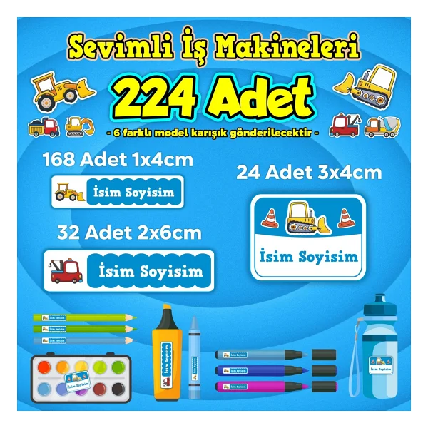Sb Store İş Makineleri Okul Kreş İsim Etiketi Kalem Defter Özel İsim Yazılabilen Etiket Seti Model 7 - 224 Adet - Görsel 4