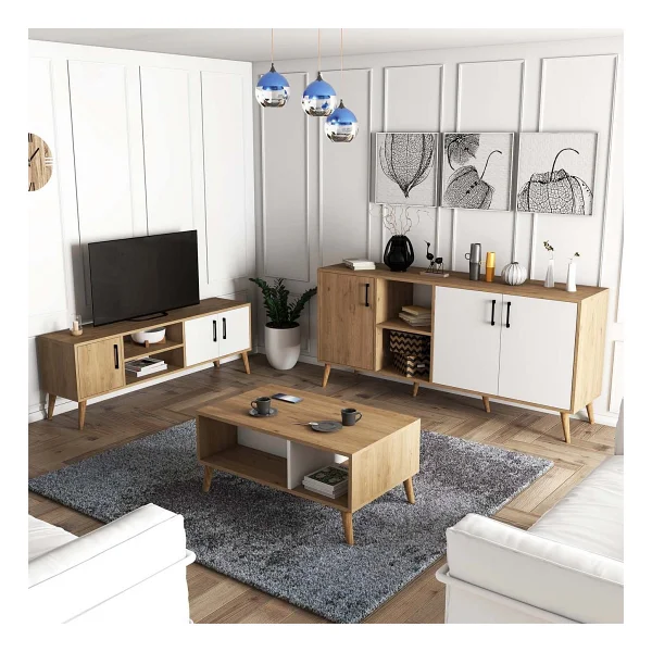 Mezza Exxen (Ahşap Ayaklı) TV Ünitesi - Orta Sehpa - Konsol Seti Sepet - Beyaz Set 1584-2074-1624 - Görsel 6
