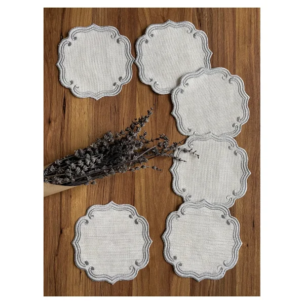 Nurhan Home 6 Adet Curly Modeli Gümüş Renk Nakışlı Kahve Yanı Kokteyl Sunum Peçete - 15 X 15 Cm - Görsel 5