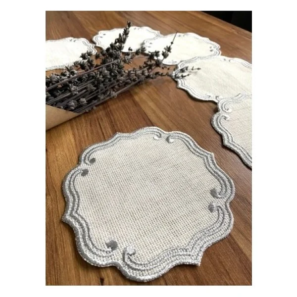 Nurhan Home 6 Adet Curly Modeli Gümüş Renk Nakışlı Kahve Yanı Kokteyl Sunum Peçete - 15 X 15 Cm - Görsel 3