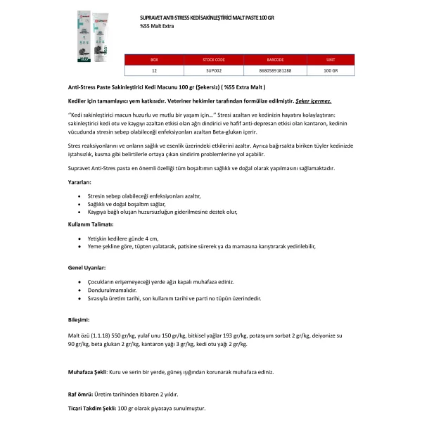 Supravet Anti Stress 100 Gr Malt Kedi Macunu - Görsel 2