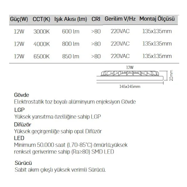 Lamptime Sıva Altı LED Spot Siyah Gövde 12w 4000k Kare 263429 - Görsel 2