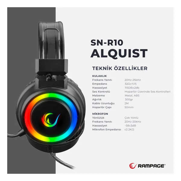 Rampage Alquist Sn-R10 Beyaz RGB 7.1 USB Kablolu Kulak Üstü Oyuncu Kulaklığı - Görsel 7