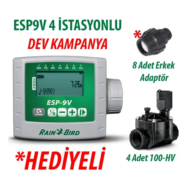 Rain Bird ESP9VI4 Pilli Kontrol Ünitesi 9V. 4 Istasyonlu ve 4 Adet 100HV 9V. Vana Seti - Görsel 2