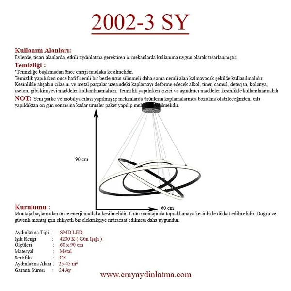 Eray Aydınlatma 2002-3 Sy Siyah LED Avize - Görsel 4