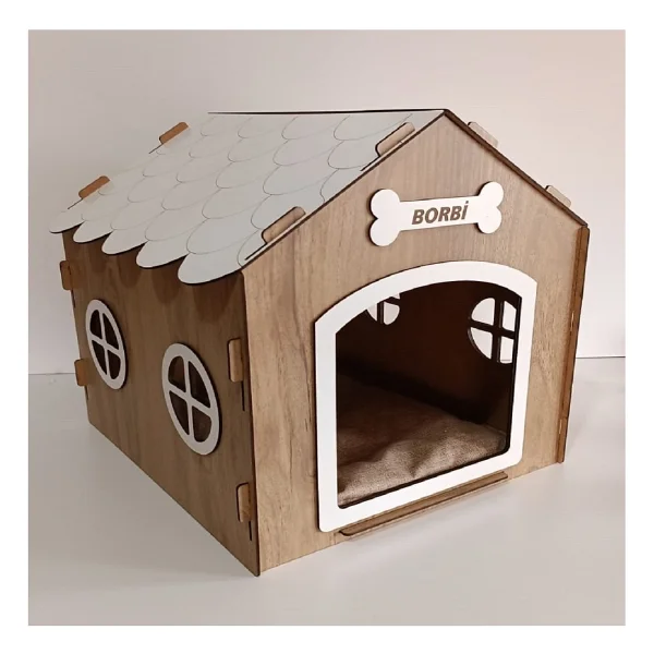 Hobicim Süper Set Ahşap Dekoratif Köpek Evi-Kulübesi Minder Ve Zincir Tasma (Modena-Beyaz) - Görsel 2