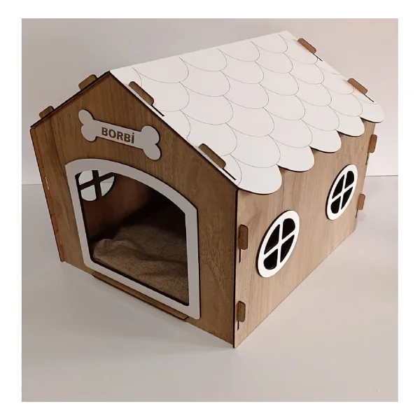 Hobicim Süper Set Ahşap Dekoratif Köpek Evi-Kulübesi Minder Ve Zincir Tasma (Modena-Beyaz) - Görsel 5