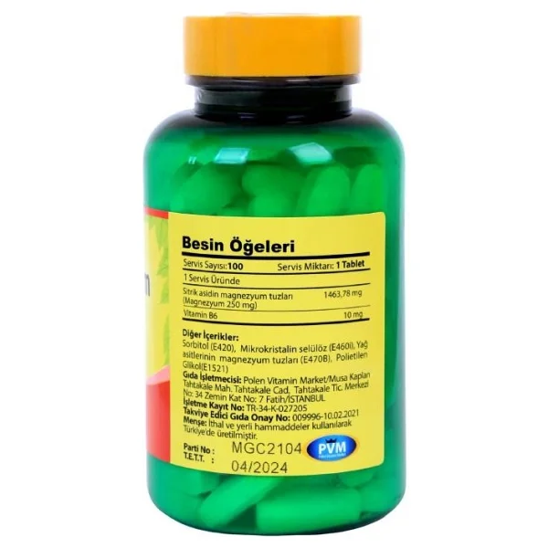 Vitapol Magnezyum Sitrat 100 Tablet Vitamin B6 Vitamini Magnesium Citrate - Görsel 2