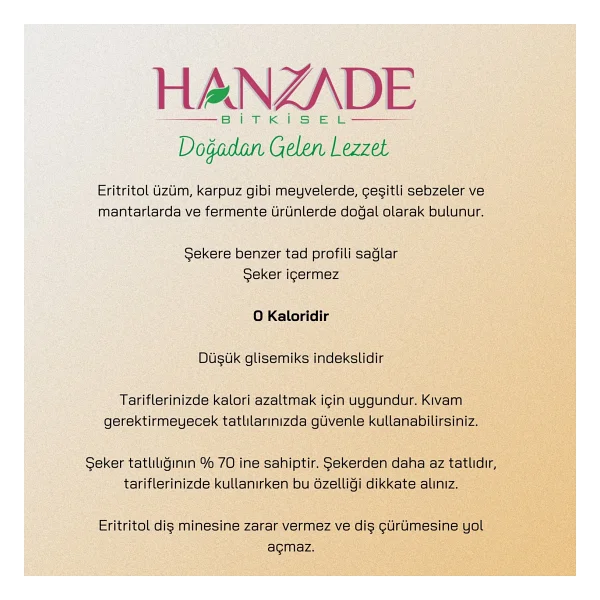 Hanzade Bitkisel Eritritol Doğal Toz Tatlandırıcı 1 Kg Sıfır Kalori Keto Diyet Erythritol - Görsel 2