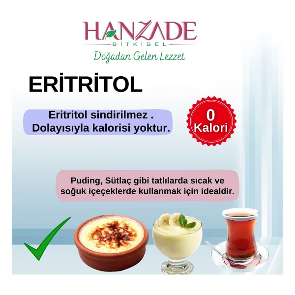 Hanzade Bitkisel Eritritol Doğal Toz Tatlandırıcı 1 Kg Sıfır Kalori Keto Diyet Erythritol - Görsel 4
