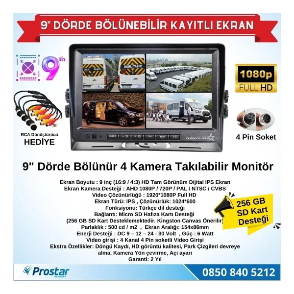 Navistar 9 Inç Kayıtlı Dörde Bölünür Monitör 256gb Sd Destekli 4 - Görsel 2