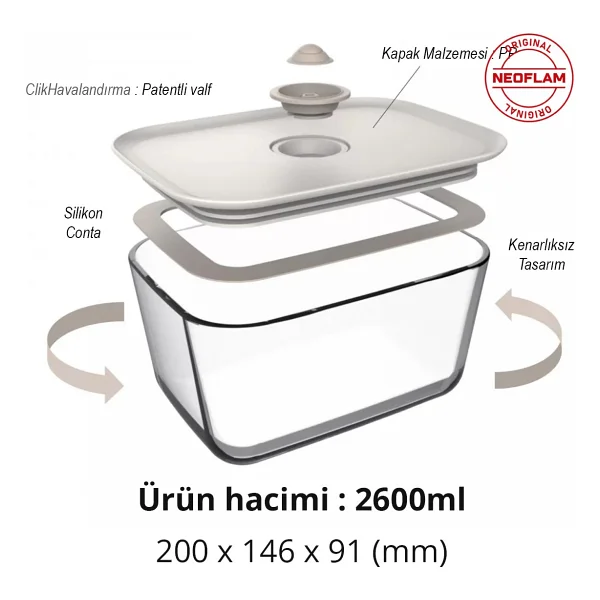Neoflam Fika Clik 2600 Ml Dikdörtgen Saklama Kabı - Görsel 5