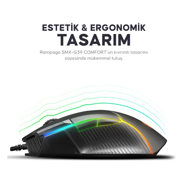 Rampage Smx-G39 Comfort RGB Makrolu Ergonomik Optik Kablolu Oyuncu Mouse - Görsel 6