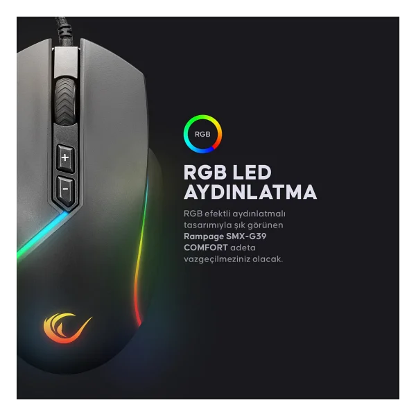 Rampage Smx-G39 Comfort RGB Makrolu Ergonomik Optik Kablolu Oyuncu Mouse - Görsel 7