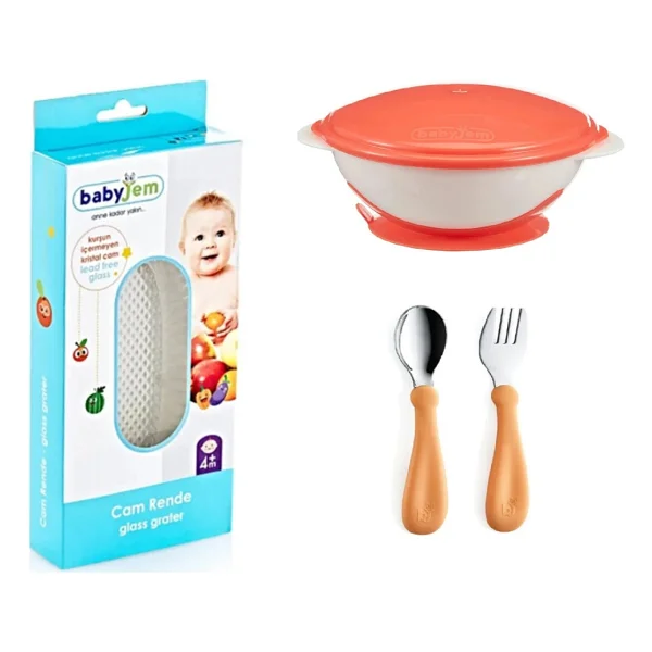 Babyjem Cam Rende + Vakumlu Mama Tabağı Turuncu + Paslanmaz Çelik Çatal Kaşık Seti Somon - Görsel 2