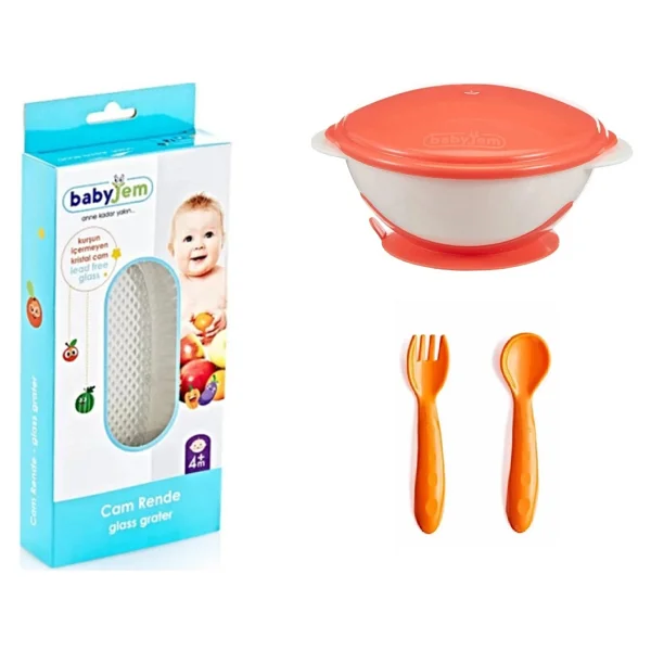 Babyjem Cam Rende + Vakumlu Mama Tabağı Turuncu + Mama Kaşık Çatal Takımı Sarı - Görsel 2