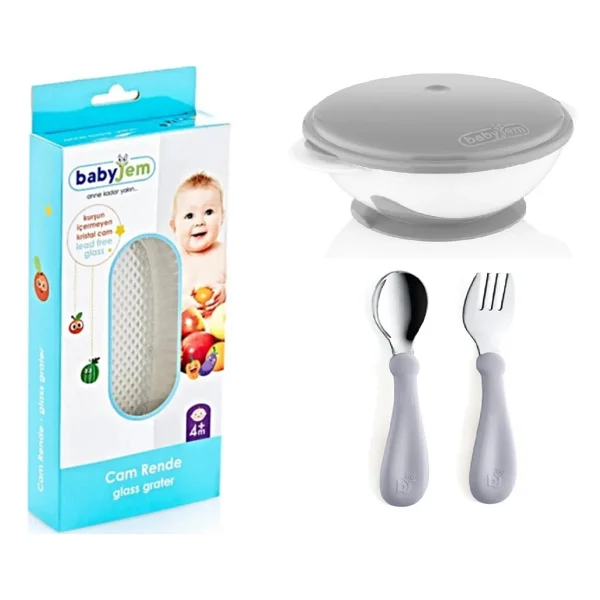 Babyjem Cam Rende + Vakumlu Mama Tabağı Gri + Paslanmaz Çelik Çatal Kaşık Seti Gri - Görsel 2