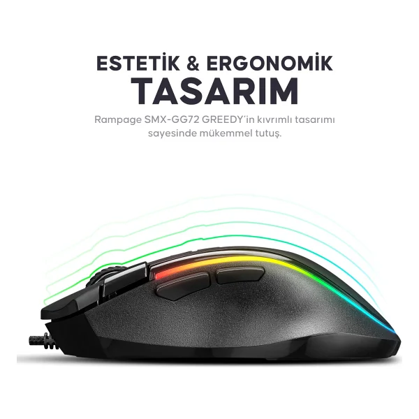Rampage Greedy Smx-G72 RGB Makrolu Ergonomik Optik Kablolu Oyuncu Mouse - Görsel 3