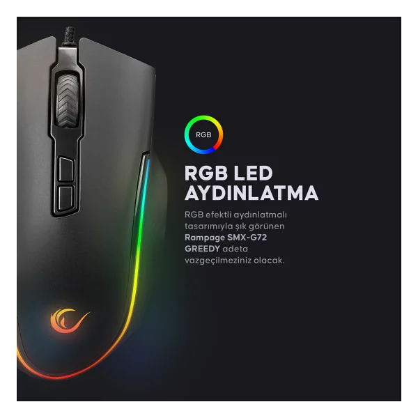 Rampage Greedy Smx-G72 RGB Makrolu Ergonomik Optik Kablolu Oyuncu Mouse - Görsel 4