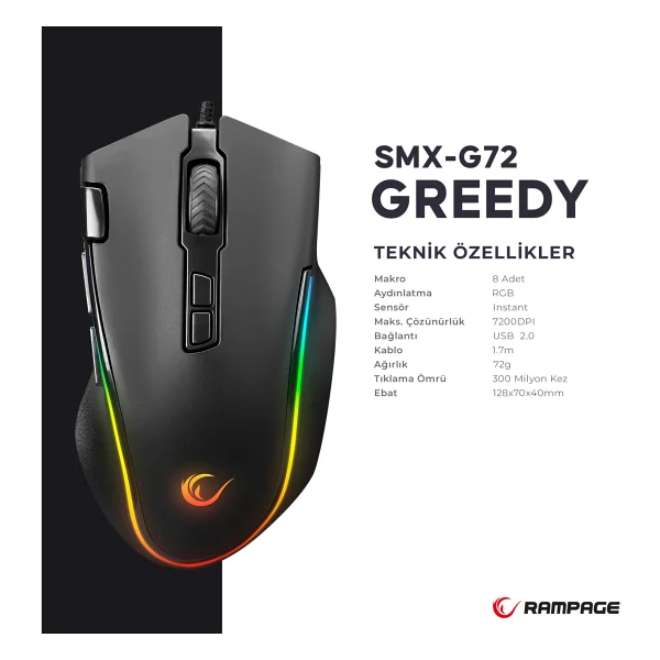 Rampage Greedy Smx-G72 RGB Makrolu Ergonomik Optik Kablolu Oyuncu Mouse - Görsel 6