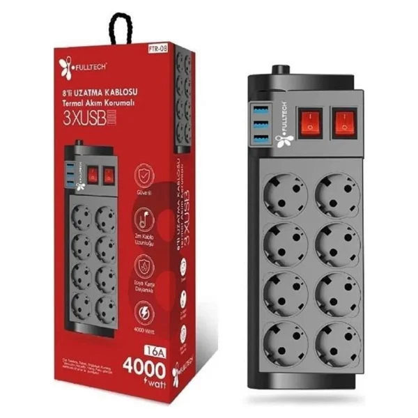Fulltech Termal Akım Korumalı 8li Uzatma Kablosu 3xusb 2 Metre 16 Amper - Görsel 3