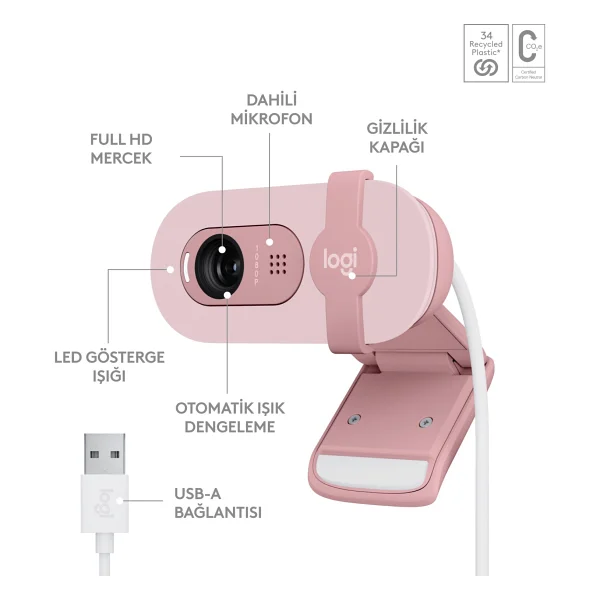 Logitech Brio 100 Pembe Full HD 1080p Mikrofonlu Webcam - Görsel 6