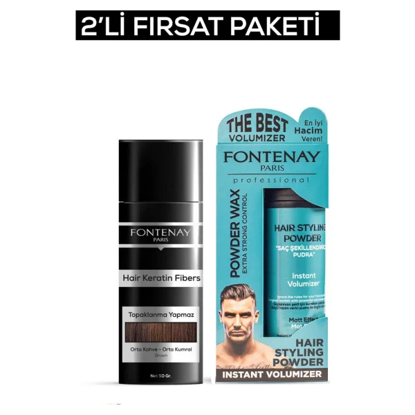 Fontenay Saç Dolgunlaştırıcı Keratinfibers Orta Kahve Topik Saç Tozu 50gr+Matt Effect Toz Wax 2li Set - Görsel 2