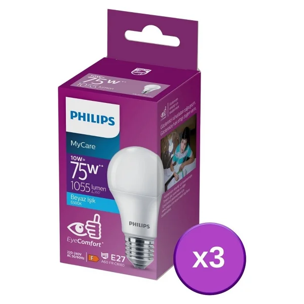 Philips LED 10-75w Ampul 6500k Beyaz Işık 3'lü - 1 - 10 W - Görsel 3
