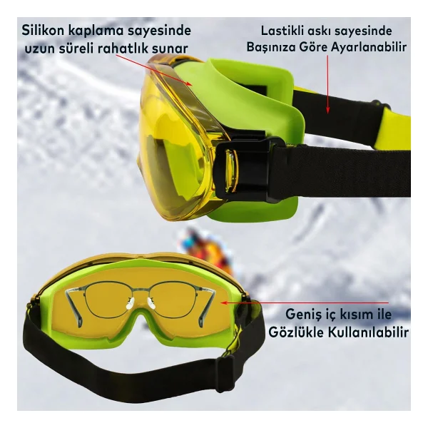 Badem10 Kayak Gözlüğü Değiştirebilir Camlı Güneş Kar Gözlük Gümüş Snowboard Glasses Gözlük+1 Adet Yedek Cam (Sarı) - Standart - Görsel 2