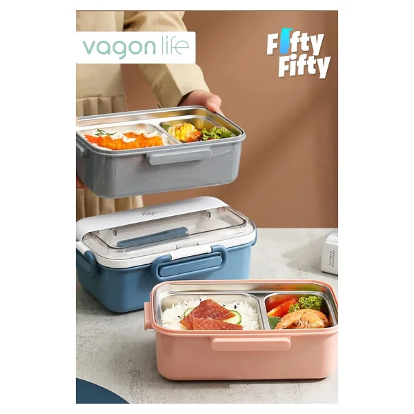 Vagonlife Tek Kat Çift Bölme Bento Lunch Box Ofis-Okul İçin Yeni Nesil Sefer Tası Paslanmaz Çelik 588 - Görsel 4