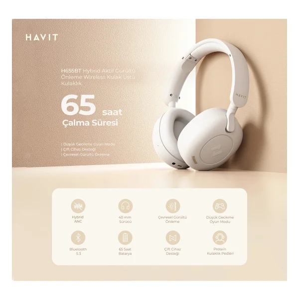 Havit H655bt Hybrid ANC Kulak Üstü Bluetooth Kulaklık - Görsel 4