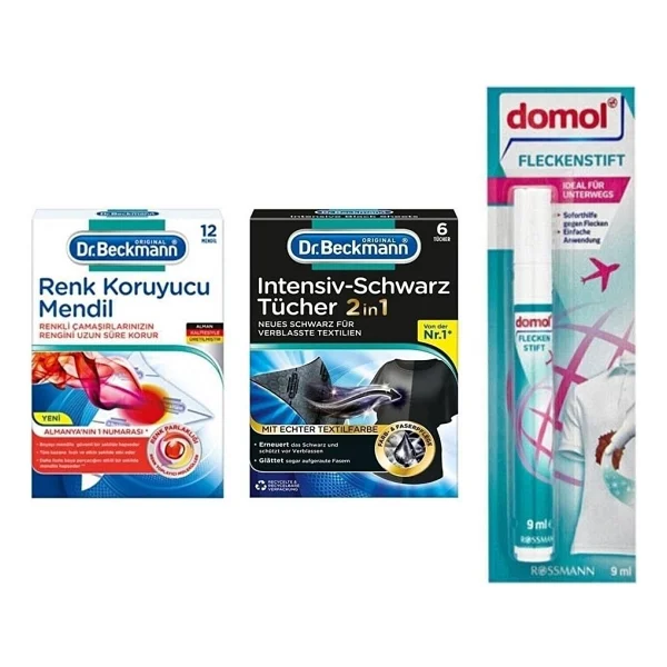 Dr.Beckmann Renk Koruyucu Mendil 12'li + Siyahlar İçin Koruyucu Mendil 6'lı + Domol Leke Çıkarıcı Kalem 9 ml