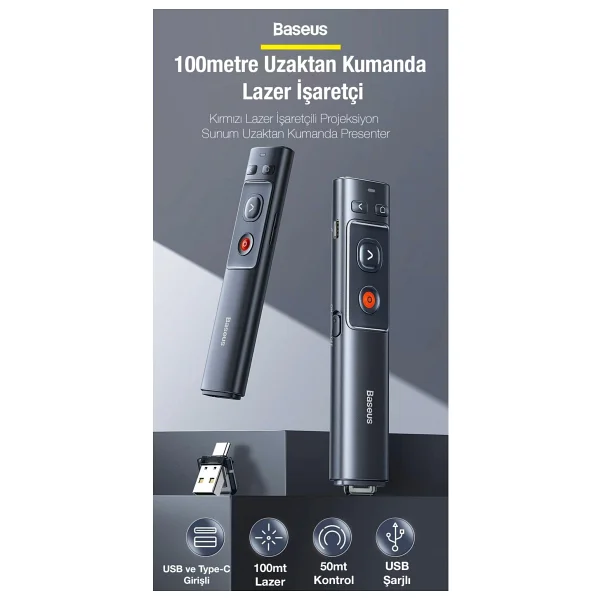 Baseus 100mt Mesafeli Kırmızı Işaretçili 250mah Şarjlı Rf2.4ghz Projeksiyon Sunum Kumandası Presenter - Görsel 2