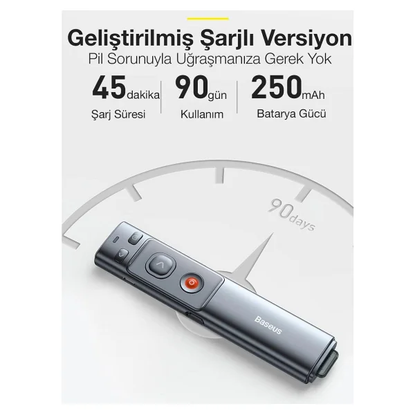 Baseus 100mt Mesafeli Kırmızı Işaretçili 250mah Şarjlı Rf2.4ghz Projeksiyon Sunum Kumandası Presenter - Görsel 4
