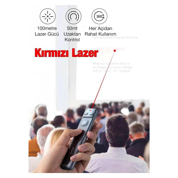 Baseus 100mt Mesafeli Kırmızı Işaretçili 250mah Şarjlı Rf2.4ghz Projeksiyon Sunum Kumandası Presenter - Görsel 5