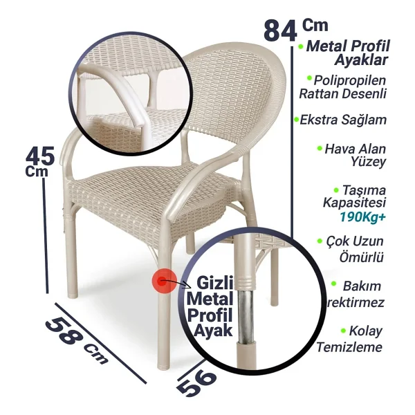 Bahex Bambu Rattan Kollu Sandalye Koltuk Dayanıklı Bahçe Sandalyesi Cappuccino - 4 - Görsel 4