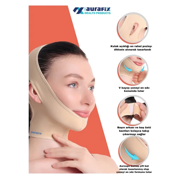 Aurafix Liposuction Bandı Yüz Germe Çene Boyun Ameliyat Sonrası Post Op. Bandaj Standart Beden Ten Lc-1800 - Görsel 3