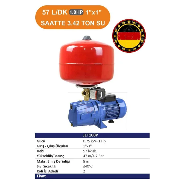 Böhrer 3 Kat 3 Daire Jet100p 750w 1 Hp 24 L Italyan Tiptomatik Aç Kapa Hidrofor Tank Set - Görsel 2