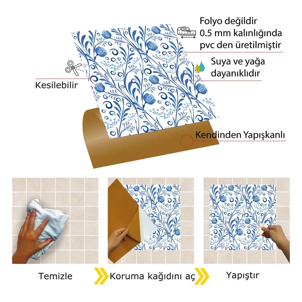 Tink Kendinden Yapışkanlı Mavi Sarmaşık Desenli Pvc Karo 30x30 Cm (11 Adet) 1m2 - Görsel 3