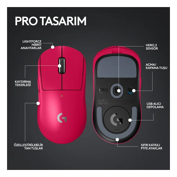 Logitech G Pro X Superlight 2 910-006798 Pembe Lightspeed Hero Şarjlı Optik Kablosuz Oyuncu Mouse - Görsel 7