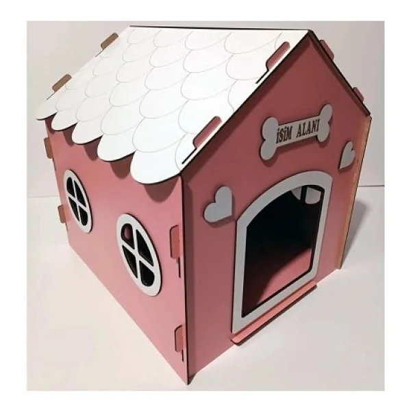 Hobicim Süper Set Ahşap Dekoratif Köpek Evi-Kulübesi ,Kedi Evi Minder Ve Zincir Tasma (Pembe-Beyaz) - Görsel 2